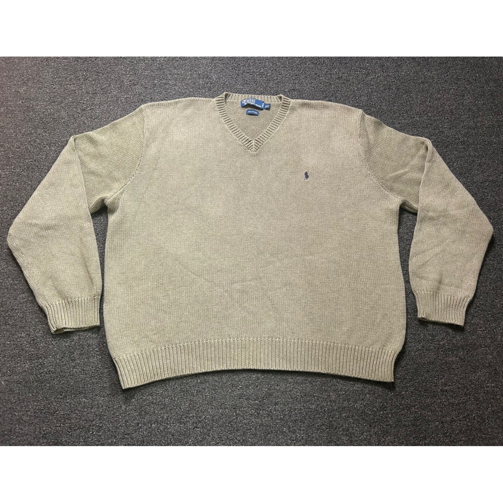 Polo Ralph Lauren Sweater Olive Green Mesn XXL V-Neck Cotton Ribbed Knit Pony